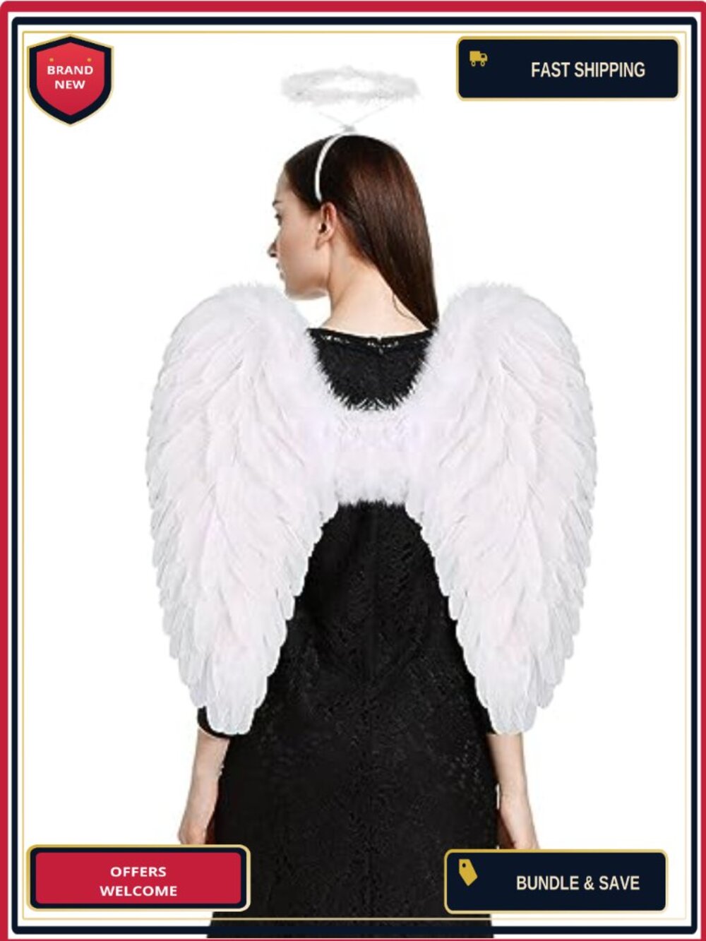 Angel Wings and Halo Costume Set Real Feathers Halloween Cosplay
